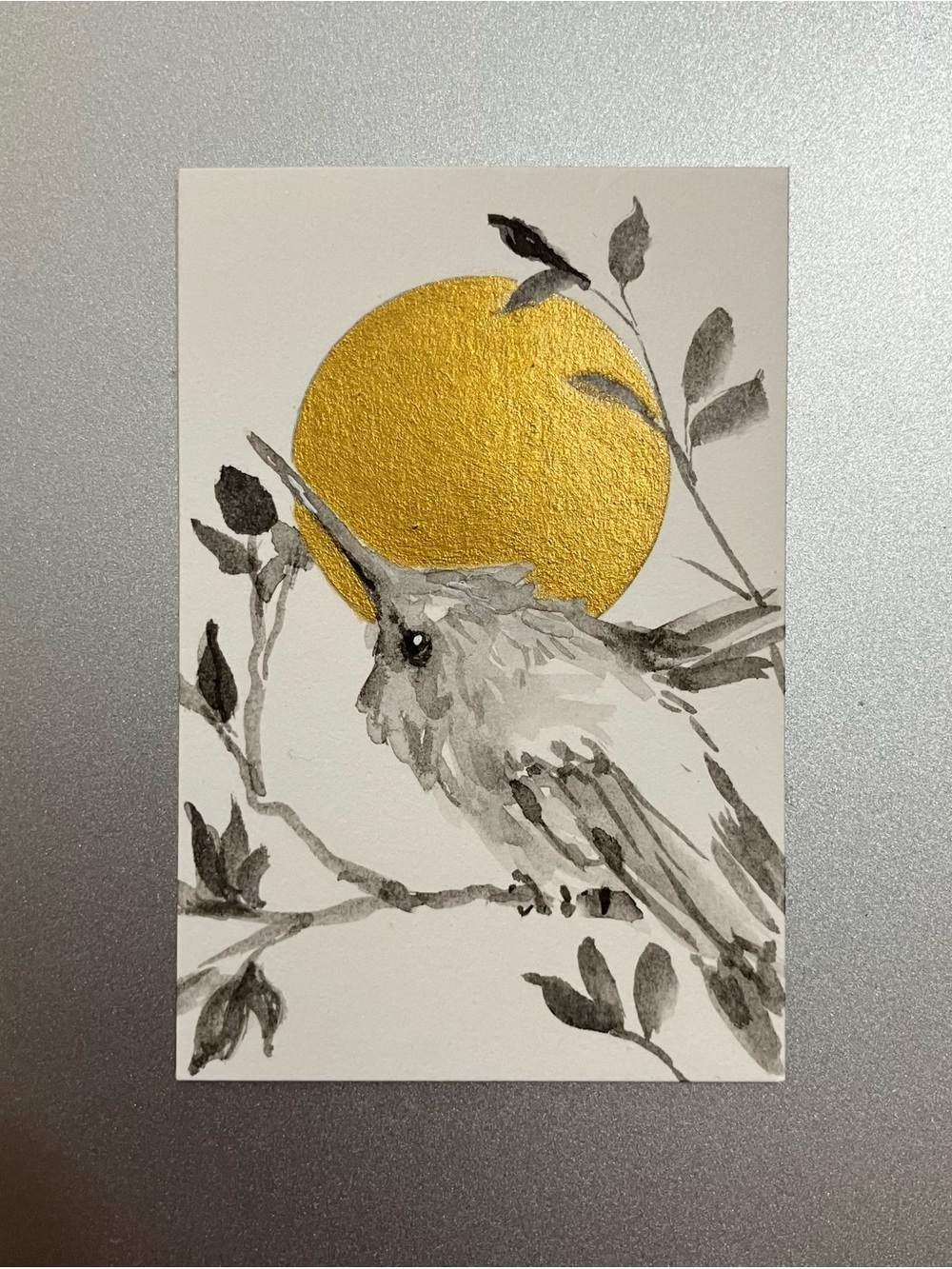 Original hummingbird painting miniature realism art sumi-e style artwork